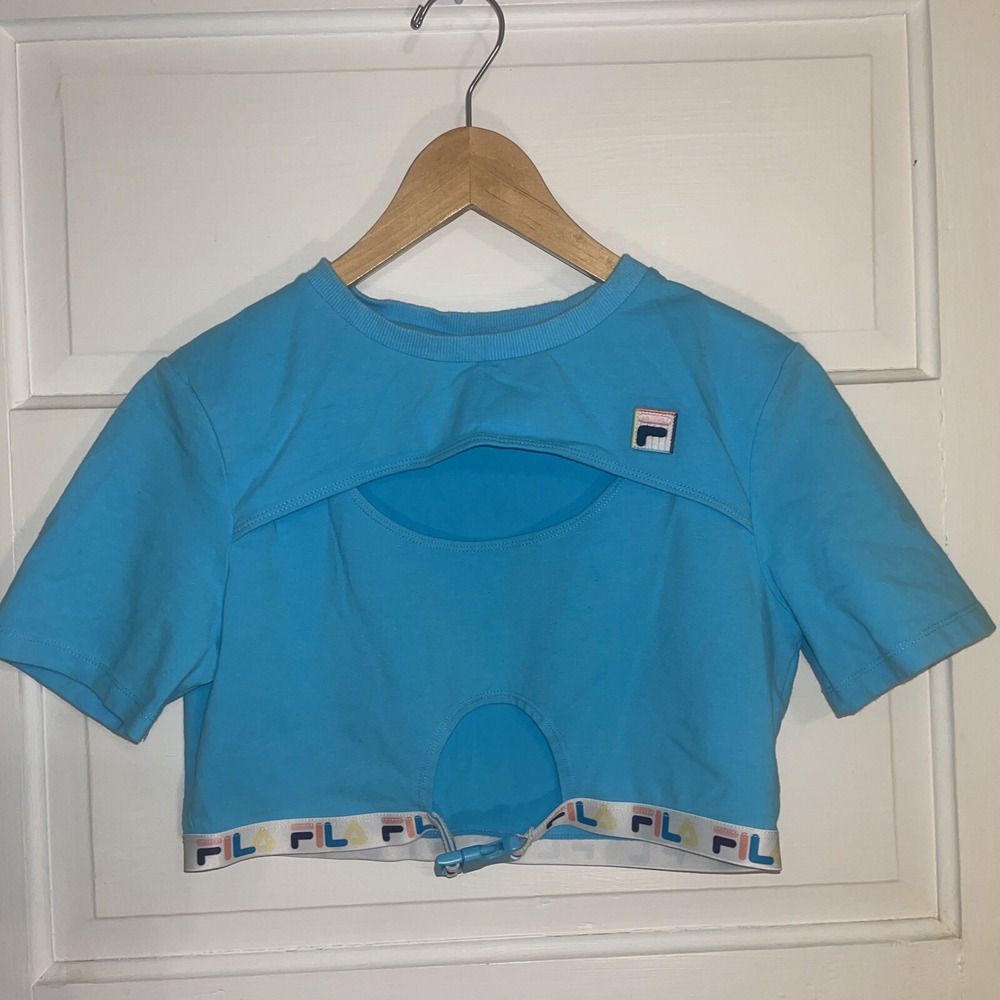 Vintage Fila Open Front Crop Top With Clip Under Chest Band W Repeating‎ Logo L